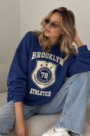 Kadın College Baskılı Sweatshirt %100 Pamuk-Navy