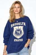 Kadın College Baskılı Sweatshirt %100 Pamuk-Navy