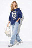 Kadın College Baskılı Sweatshirt %100 Pamuk-Navy