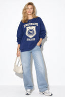 Kadın College Baskılı Sweatshirt %100 Pamuk-Navy
