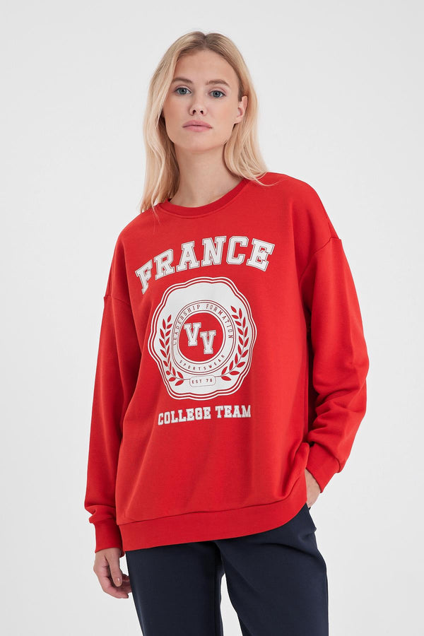 College Baskılı Sweatshirt - KIRMIZI