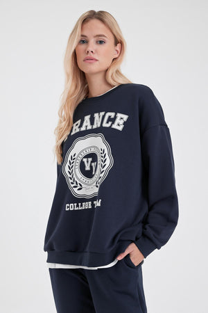 Kadın College Lacivert Baskılı Sweatshirt