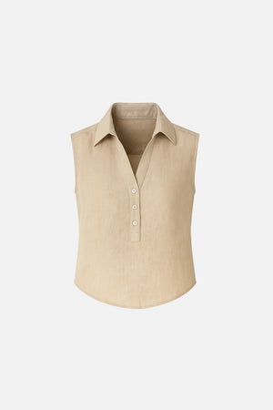 Kadın Darya Gömlek Yaka Kolsuz Bluz %100 Keten - Krem