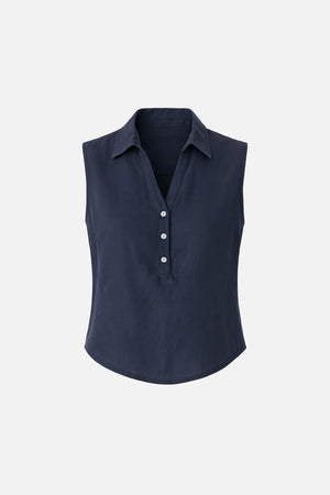 Kadın Darya Gömlek Yaka Kolsuz Bluz %100 Keten - Lacivert