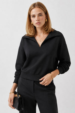 Kadın Denizci Yaka Regular Fit Yumuşak Dokulu Sweatshirt (CUPRO) - Siyah