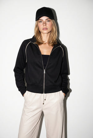 Kadın Dik Yaka Şerit Detaylı Regular Fit Önü Fermuarlı Yumuşak Dokulu Sweatshirt (CUPRO) - Siyah