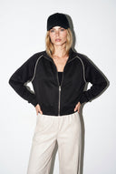 Kadın Dik Yaka Şerit Detaylı Regular Fit Önü Fermuarlı Yumuşak Dokulu Sweatshirt (CUPRO) - Siyah