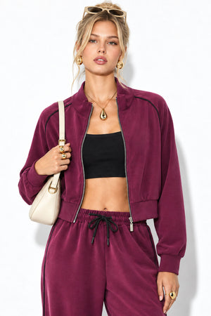 Kadın Dik Yaka Yanı Şeritli Yumuşak Dokulu Sweatshirt-Bordo