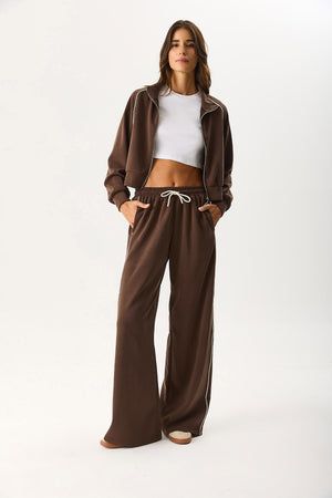 Kadın Dik Yaka Yanı Şeritli Yumuşak Dokulu Sweatshirt (CUPRO) - Kahverengi