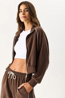 Kadın Dik Yaka Yanı Şeritli Yumuşak Dokulu Sweatshirt (CUPRO) - Kahverengi