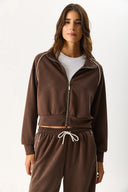 Kadın Dik Yaka Yanı Şeritli Yumuşak Dokulu Sweatshirt (CUPRO) - Kahverengi