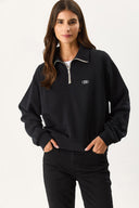 Kadın Eliza Kontrast Fermuar Detaylı Polo Yaka Sweatshirt %100 Pamuk - Siyah