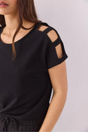 Kadın Elsa Bisiklet Yaka Omzu Detaylı Modal Tişört Lyocell (Tencel™) - Siyah