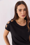Kadın Elsa Bisiklet Yaka Omzu Detaylı Modal Tişört Lyocell (Tencel™) - Siyah