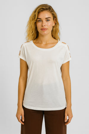 Kadın Elsa Bisiklet Yaka Omzu Detaylı Modal Tişört (TENCEL)™ - Beyaz