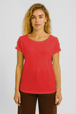 Kadın Elsa Bisiklet Yaka Omzu Detaylı Modal Tişört (TENCEL)™ - Mercan