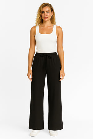 Kadın Geniş Paça Yumuşak Dokulu Pike Pantolon (CUPRO) - Siyah