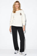 Kadın Göğsü Baskılı Basic Sweatshirt %100 Pamuk-Fildişi