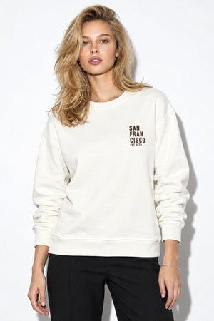 Kadın Göğsü Baskılı Basic Sweatshirt %100 Pamuk-Fildişi