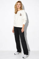 Kadın Göğsü Baskılı Basic Sweatshirt %100 Pamuk-Fildişi