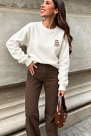 Kadın Göğsü Baskılı Basic Sweatshirt %100 Pamuk-Fildişi