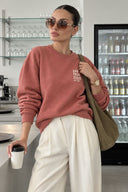 Kadın Göğsü Baskılı Basic Sweatshirt %100 Pamuk-Gülkurusu
