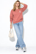 Kadın Göğsü Baskılı Basic Sweatshirt %100 Pamuk-Gülkurusu