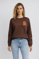 Kadın Göğsü Baskılı Basic Sweatshirt %100 Pamuk - Kahverengi