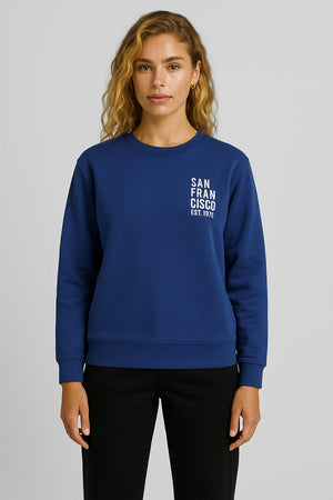Kadın Göğsü Baskılı Basic Sweatshirt %100 Pamuk - Navy