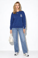 Kadın Göğsü Baskılı Basic Sweatshirt %100 Pamuk-Navy