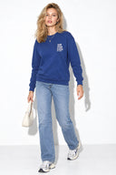 Kadın Göğsü Baskılı Basic Sweatshirt %100 Pamuk-Navy