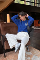 Kadın Göğsü Baskılı Basic Sweatshirt %100 Pamuk-Navy