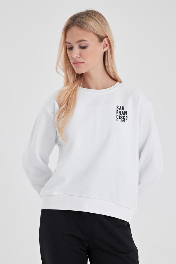 Göğsü Baskılı Basic Sweatshirt - BEYAZ