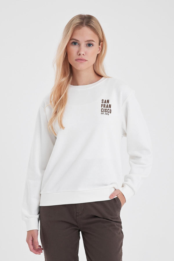 Göğsü Baskılı Basic Sweatshirt - FİLDİŞİ