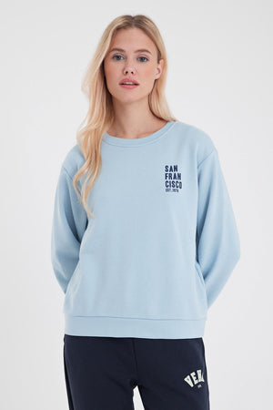 Kadın Göğsü Baskılı Gök Mavisi Basic Sweatshirt