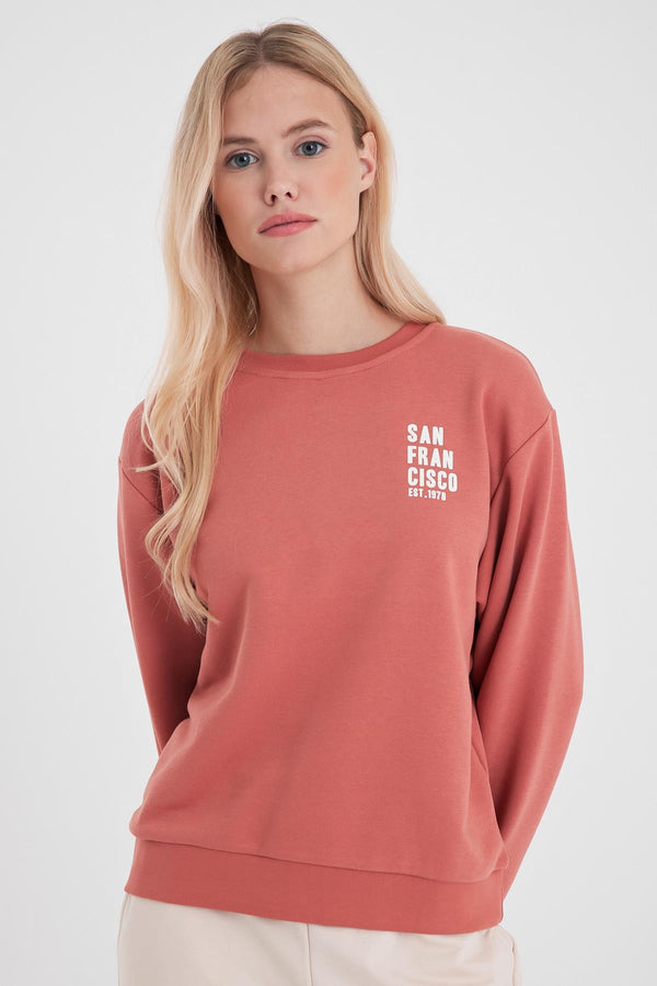 Göğsü Baskılı Basic Sweatshirt - GÜLKURUSU