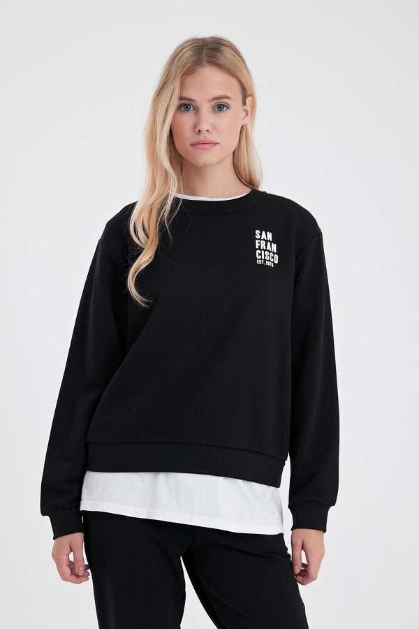 Kadın Göğsü Baskılı Siyah Basic Sweatshirt
