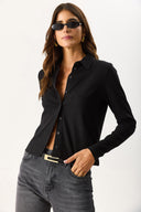 Kadın Gömlek Formlu Kaşkorse Tişört - Siyah