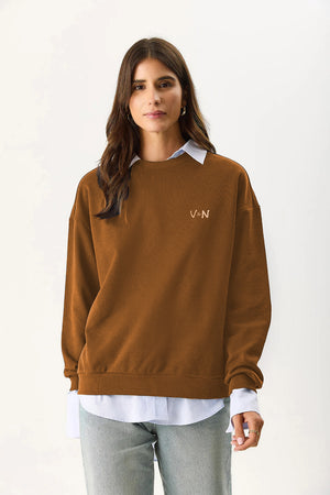 Kadın Good Wibes Baskılı Sweatshirt %100 Pamuk - Kahverengi