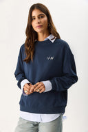 Kadın Good Wibes Baskılı Sweatshirt %100 Pamuk - Lacivert