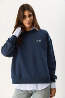 Kadın Good Wibes Baskılı Sweatshirt %100 Pamuk - Lacivert