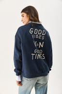 Kadın Good Wibes Baskılı Sweatshirt %100 Pamuk - Lacivert