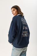 Kadın Good Wibes Baskılı Sweatshirt %100 Pamuk - Lacivert