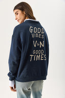 Kadın Good Wibes Baskılı Sweatshirt %100 Pamuk - Lacivert