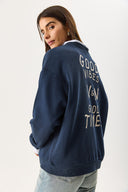 Kadın Good Wibes Baskılı Sweatshirt %100 Pamuk - Lacivert