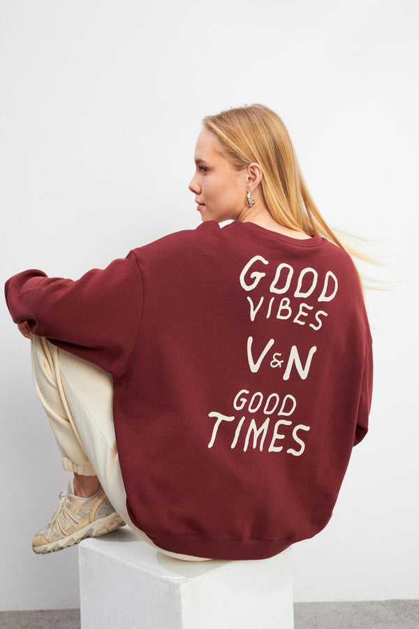 Kadın Good Wibes Kestane Baskılı Sweatshirt