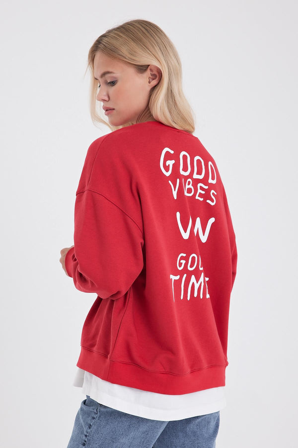 Good Wibes Baskılı Sweatshirt - VİŞNE