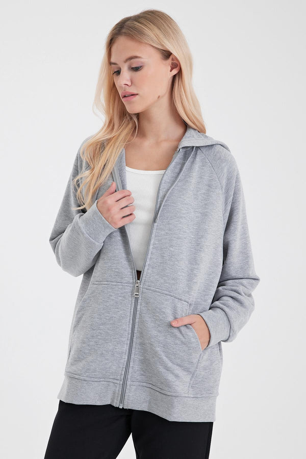 Grace Kapüşonlu Fermuarlı Regular Fit Basic Sweatshirt - GRİ MELANJ