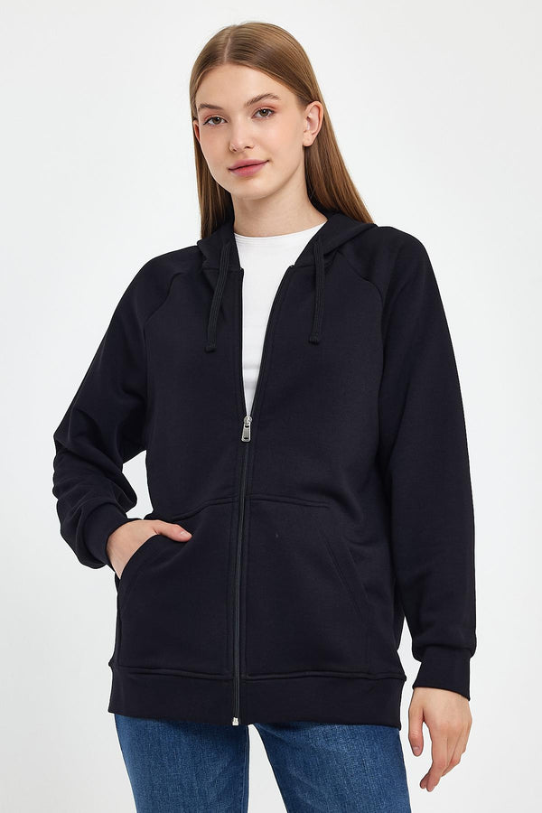 Grace Kapüşonlu Fermuarlı Regular Fit Basic Sweatshirt - SİYAH