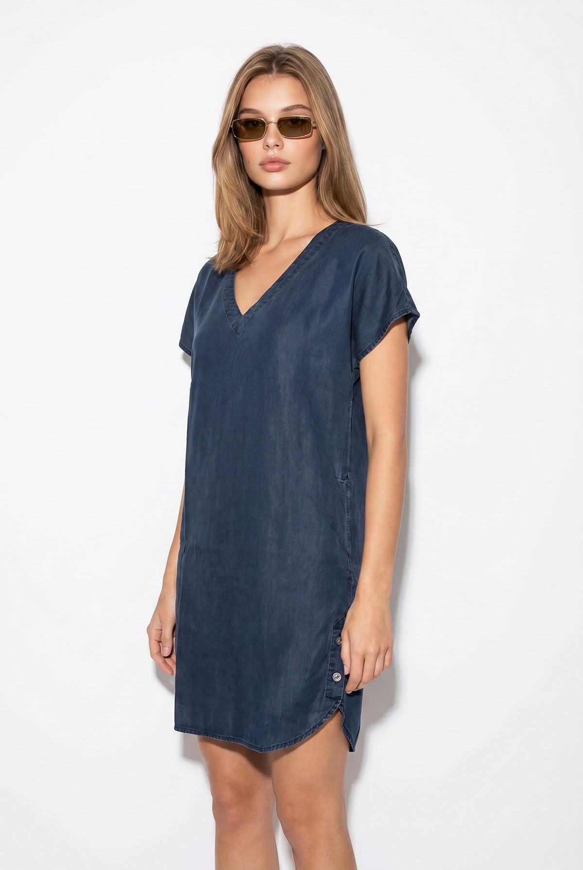 Kadın Helly Blue Black V Yaka Kısa Kollu Jean Elbise %100 Lyocell (Tencel™) - Blue Black